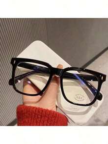 1pc Fashion Retro Non-Prescription Glasses, Large Frame Rectangle Black Eyeglass Frame For Nearsighted, Suitable For Round Face - Multicolor - View 2