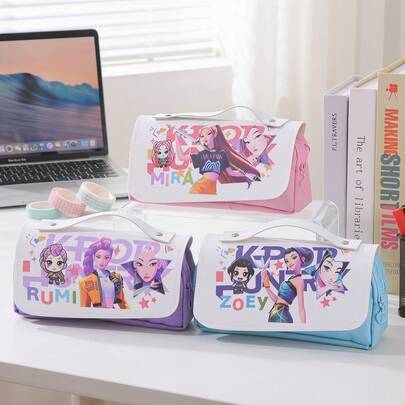  MINISO K-Pop Girl Pencil Case, Large Capacity Cartoon Character Stationery Bag With Handle, Student Portable Pen Pouch, Anime Cartoon Design, Suitable For School And Office Use, Perfect Gift For Family And Friends On Birthday, Christmas, Back To School Season