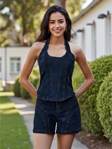 Women's 2 Piece Denim Outfits Solid Color Sleeveless Halter Neck Tank Tops Shorts Sets - Azul oscuro - Ver 1