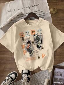 Retro Streetwear Short Sleeve T-Shirt In Orange And Gray.  Short Sleeve T-Shirt For Spring And Summer 2026, Made In Mexico, 180 Grams. Cartoon Print, Couple Design, Suitable For Indoor Or Outdoor Wear. Crew Neck, Unisex, Ideal For Office And Leisure. One-Pack. - APR-P631577SLNDXZGY404 - 查看 3