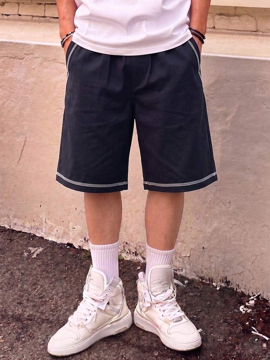 Boys' & Teens' Summer Contrast Trim Loose Sports Bermuda Shorts, Breathable Outdoor Casual Shorts - Black - View 1