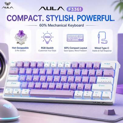 AULA Teclado mecánico compacto del 60% con 61 teclas, intercambiables, retroiluminación RGB, luz lateral, conexión Type-C con cable, ergonómico con doble inyección de teclas, anti-ghosting para juegos y oficina