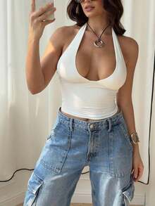 Blusa de verano casual de color rojo sólido, con escote en V profundo y espalda descubierta - Blanco - Ver 7