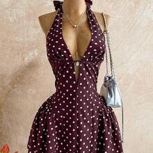 Women's Polka Dot V-Neck Hollow Waist A-Line Mini Dress, Suitable For Party, Christmas, Date, Nightclub, Bohemian, Boho, Vacation, Fall - Azul y blanco - Ver 2