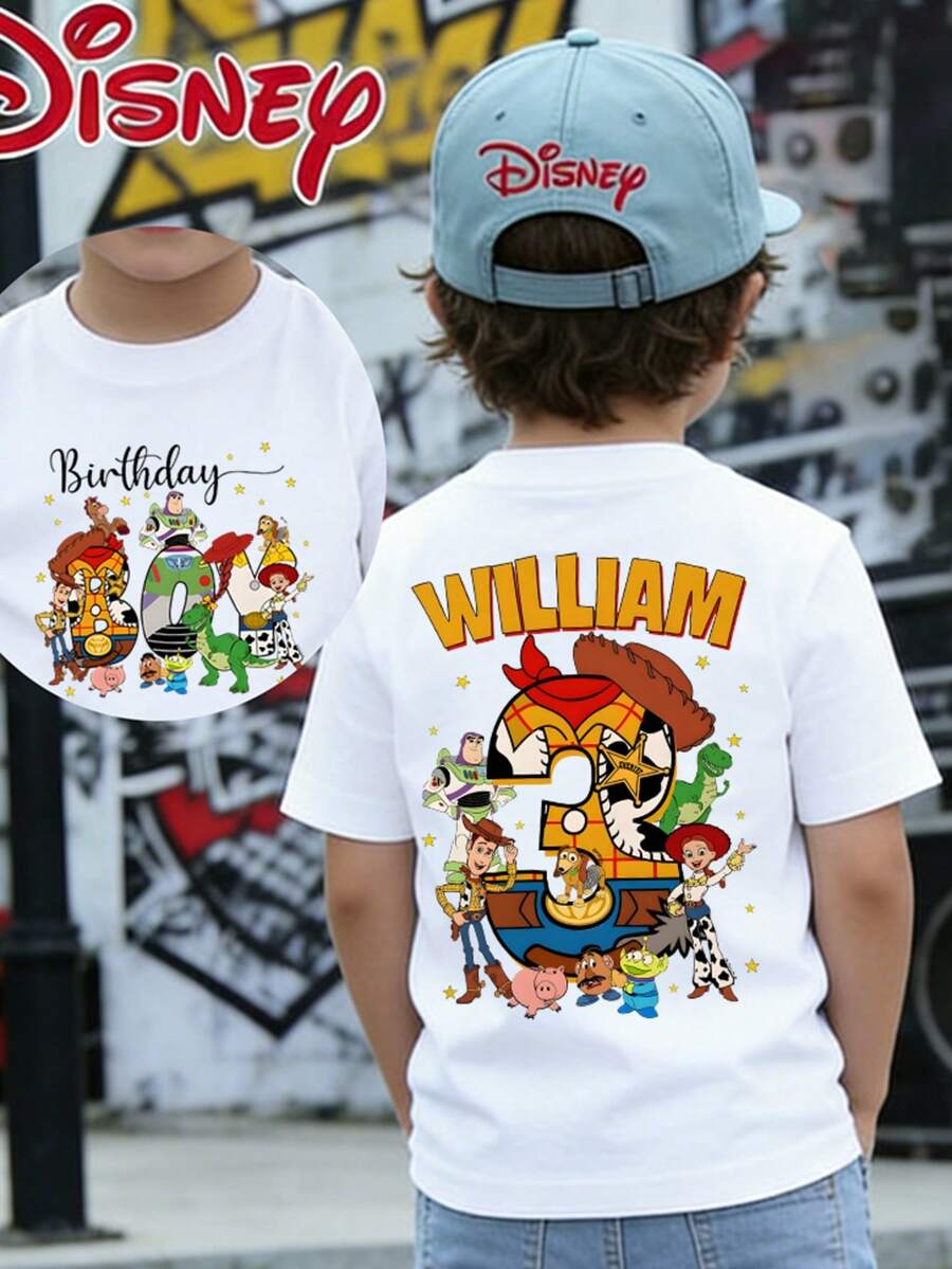 Disney Toy Story Customizable Birthday Graphic T-Shirt For Toddler Boys Woody Buzz Lightyear Jessie Print Short Sleeve Tee 6 Months-3 Years Kids Casual Party Top Express Delivery - trắng - Xem 1