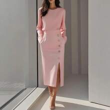 New 2026 Women's Autumn Dress Solid Color Round Neck Long Sleeve Button Decoration With Slit - 黑色 - 查看 4