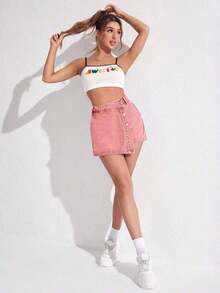 Envoltorio de falda pantalón denim con dobladillo asimétrico de unicolor - Rosa - Ver 5
