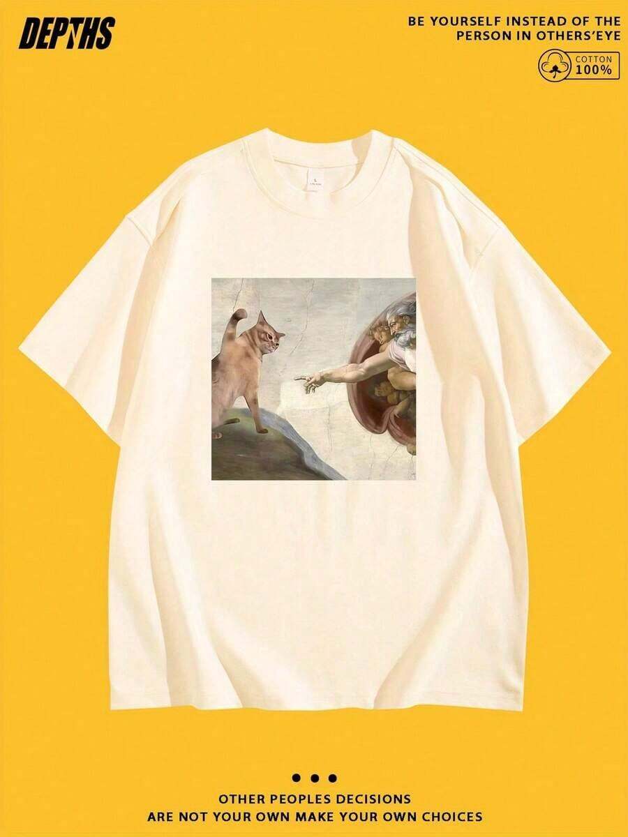 New Summer 2026 Collection, Unisex Styles, Crew Neck T-Shirt With Creative And Fun Cartoon Print, Pure Cotton Short Sleeve, Casual Style For Everyday Wear, Sizes: S–7XL | Ships In 24 Hours. Women's T-Shirt With Print. - 杏色 - 查看 1