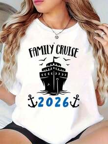 Camiseta Deportiva Gráfica Family Cruise 2026, Diseño Náutico de Barco de Crucero y Familia, Camiseta de Cuello Redondo Suave y Transpirable, Ligera, para Vacaciones, para Mujer |   Diseño exquisito |   Suelto y cómodo |   Fácil de combinar | - Blanco - Ver 1