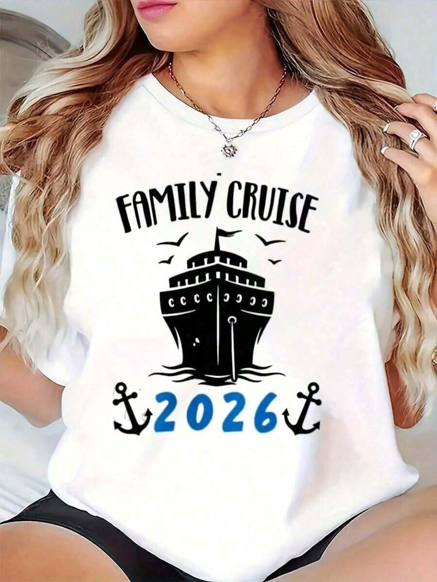 Camiseta Deportiva Gráfica Family Cruise 2026, Diseño Náutico de Barco de Crucero y Familia, Camiseta de Cuello Redondo Suave y Transpirable, Ligera, para Vacaciones, para Mujer |   Diseño exquisito |   Suelto y cómodo |   Fácil de combinar | - Blanco - Ver 1
