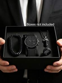 1pc/4pcs Men's Casual Personalized Sports PU Leather Quartz Watch And Bullet Necklace Jewelry Set - Black - View 6