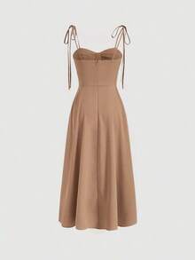 Vestido con abertura y lazo floral - Caqui - Ver 2
