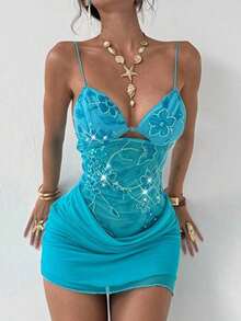Nuevo vestido camisero romántico y sexy con cuello en pico, contraste de malla brillante y shorts, mini vestido anti-destellos - Azul 2 - Ver 1