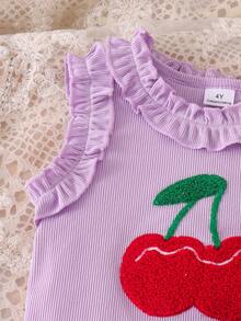 2pcs/Set Young Girl' Vintage Cute Frill Trim Cherry Embroidered Tank Top + Denim Skirt Summer Outfit - Lilac Purple - View 5