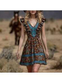 Women's Dress With Localized Print, New Spring-Summer 2026 Collection - Brown - View 2