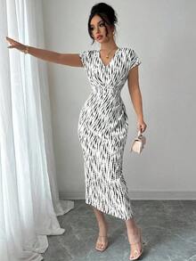 Vestido vintage con estampado floral elegante para ir al trabajo y de vacaciones - Blanco - Ver 4