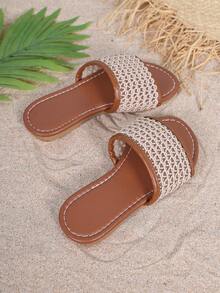 Delicate Hollow Mesh Strap Sandals, Girl's Summer Outdoor Flat Breathable Beach Slippers, Versatile - Brown - View 5