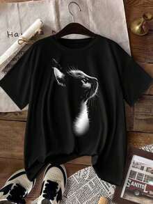 Camiseta de manga corta y cuello redondo informal con estampado gráfico de gato lindo para mujeresPure-Cotton - Negro - Ver 1