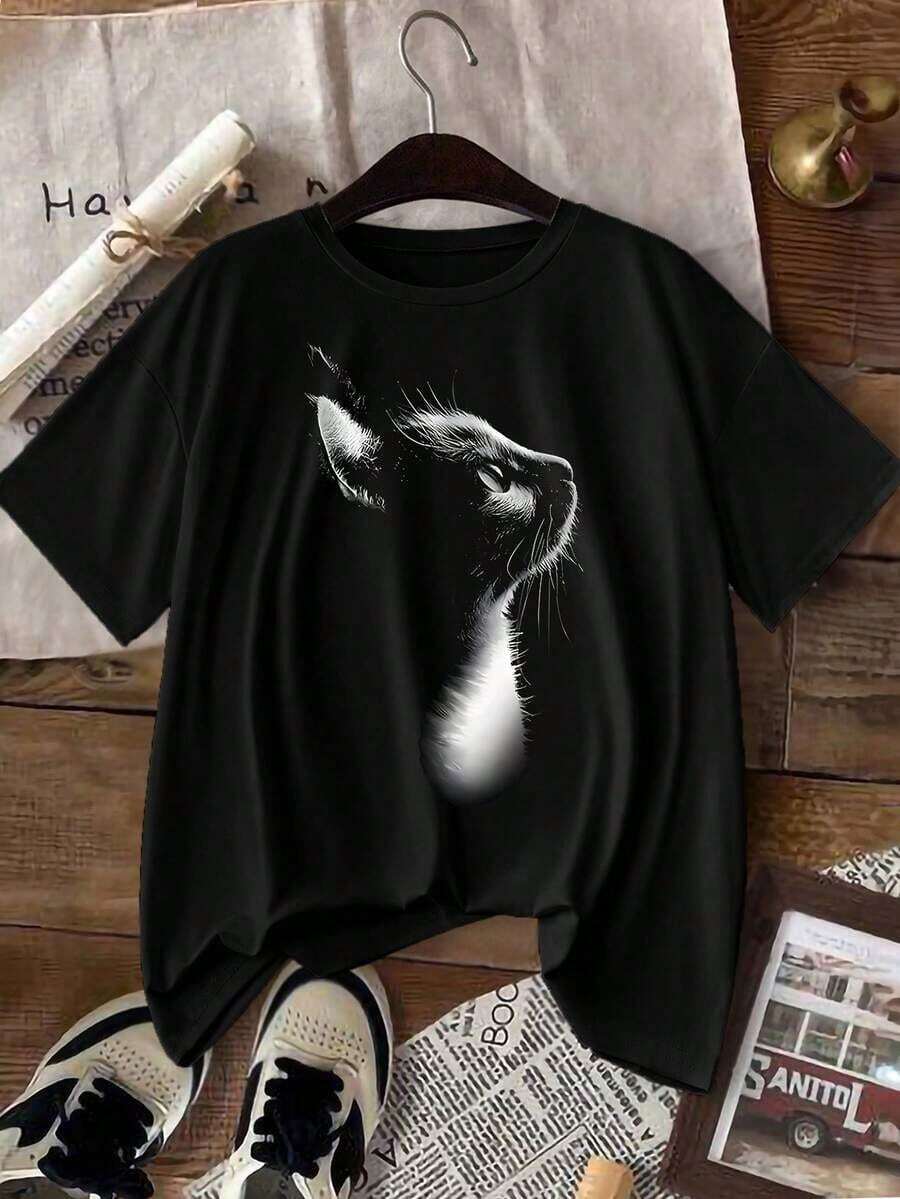 Camiseta de manga corta y cuello redondo informal con estampado gráfico de gato lindo para mujeresPure-Cotton - Negro - Ver 1