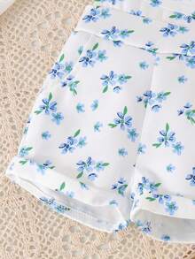2pcs Baby Girl Cute Short Sleeve Ribbed Romper & Printed Overall Shorts Set, Thin Summer - Blue and White - View 8