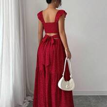 French Elegant Casual Vacation Square Neck Lotus Leaf Flying Sleeves Polka Dot Print Texture Plaid Woven Chiffon Material Back Tie Pleated Large Skirt Spring And Summer Red Women Dress Summer Summer Women Skirt Long Skirt Vacation Dress Women Polka Dot Dress Elegant Women Dress Women Summer Dress Red Dress Flowing Skirt Summer Dress - Albaricoque - Ver 4