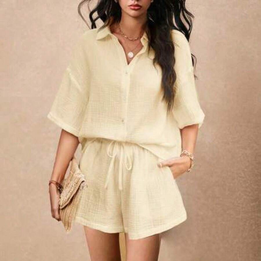 Conjunto De Dos Piezas De Verano Para Mujer, Conjunto De Playa De Dos Piezas, Tela De Texturizado, Raglan Con Puños, Shorts Con Bolsillos Laterales, Adecuado Para Vacaciones, Camisa Suelta Relajada - Amarillo claro - Ver 1