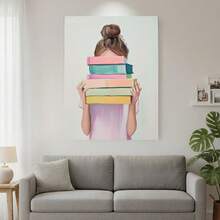 Enmarcado 1 póster de arte moderno de chica leyendo estilo bohemio - Lienzo  2D en tonos pastel suaves, estilo minimalista para adolescentes lectoras, ideal para habitaciones, aulas y bibliotecas - Decoración bohemia, obra de arte contemporánea, fácil de colgar, diseño plano 2D, perfecto para la decoración de habitaciones. - Enmarcado - Ver 3