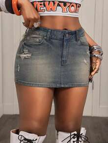 Women's Vintage Distressed Fashionable Belted Denim Mini Skirt - Lavado ligero - Ver 5
