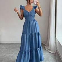 Elenzya Vestido largo de unicolor para mujer, vestido largo estilizante con cintura elástica y parches, elegante y de moda para uso diario, cenas y citas, primavera/verano - Azul - Ver 8