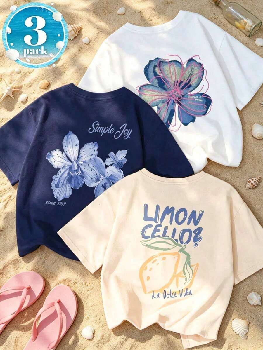 Set de 3 camisetas de mujer de manga corta con cuello redondo y estampado floral, de estilo casual y versátil, color rosa - Rosa - Ver 1