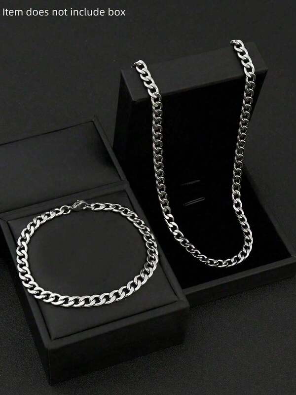 2pcs Men's Minimalist Stainless Steel Necklace And Bracelet Set, 1 Non-Magnetic NK Chain, 1 Minimalist European And American Style Curb Chain, Unisex Stainless Steel Jewelry