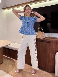 Top de manga corta y corto con bordado floral para mujer, primavera/verano, bordado hueco - Azul - Ver 5