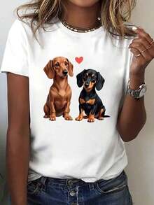 Women's Casual Short Sleeve Crew Neck T-Shirt - Dachshund And Heart Design, Soft And Breathable Fabric, Regular Fit, Machine Washable, Comfortable For All Seasons, Fun Graphic Tee, Medium Stretch. Lightweight, Breathable, Summer Best-Seller - 白色的 - 查看 1