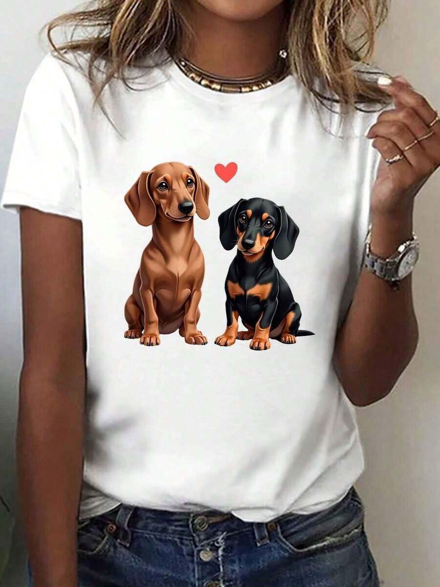 Women's Casual Short Sleeve Crew Neck T-Shirt - Dachshund And Heart Design, Soft And Breathable Fabric, Regular Fit, Machine Washable, Comfortable For All Seasons, Fun Graphic Tee, Medium Stretch. Lightweight, Breathable, Summer Best-Seller - 白色的 - 查看 1