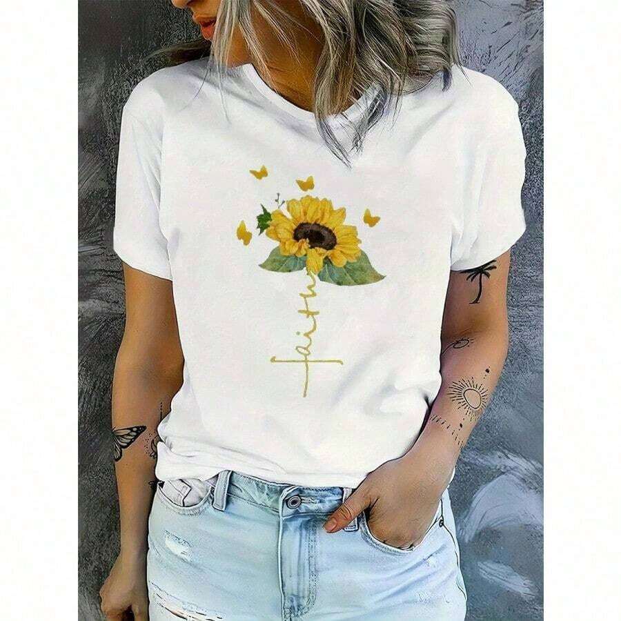 Camiseta de Mujer% Algodón - Camiseta Casual con Estampado Floral y Cuello Redondo - Manga Corta, Cuello Redondo, Poliéster Ligero, Top de Moda para Primavera/Verano/Otoño para Atuendos Casuales, Camisetas para Damas - Ligeras, transpirables, éxito de  en verano. - Blanco - Ver 1