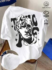 Men's Solid Color Crew Neck Short-Sleeved Loose T-Shirt, 100% Cotton, Spring/Summer Casual Menswear, Street Style, Travel Wear, Unique Back Art Pattern Suitable For Office/Restroom/Home/Outdoor Sports/Retro Style/Simple And Fun Design T-Shirt, Säo Joǎo, Beach, Graduation, Vacation, Country, Chic, Polka Dot, Flower - White - View 4