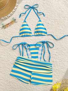 Costavie Conjunto de traje de baño de 3 piezas para mujer con pantalón ancho plisado, estampado de tonos de la tierra multicolor con efecto tie-dye, corte alto con cordones, para vacaciones en la playa, fiesta, tarde de té o crucero. Incluye bikini de 2 piezas sexy para vacaciones en la playa. - Multicolor 7 - Ver 4