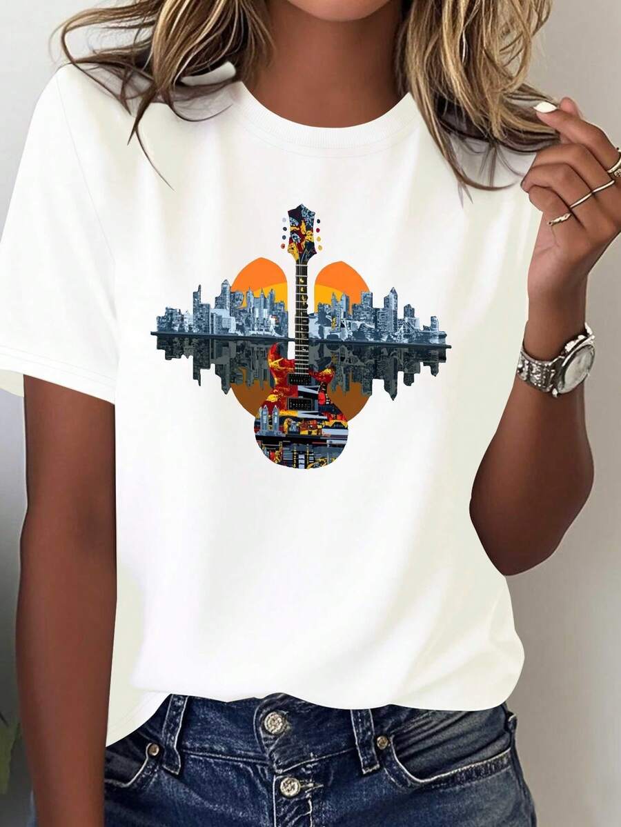 Women's Tokyo Nightlife Music Graphic T-Shirt - 100% Casual Crew Neck Short Sleeve, Design With Japanese Torii Gates And Shibuya Intersection, Inspired By Bands, Comfortable All Year Round Clothing, Geometric Print Guitar Silhouettes Japanese Pop Elements, Stain Resistant | For Everyday Wear - 白色 - 查看 1