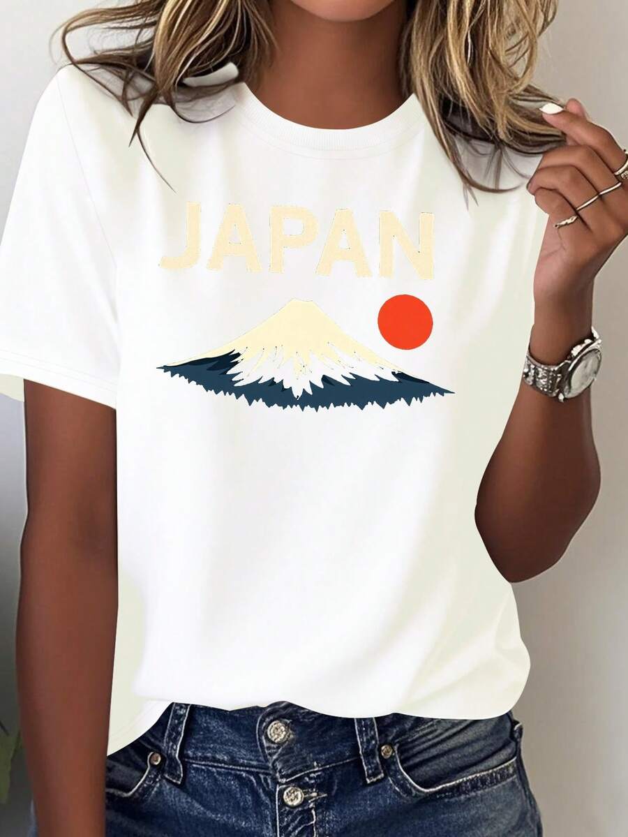 Women's Mountain Graphic T-Shirt - Vibrant Red With Japanese Flag And Cherry Blossom Design, 100% Comfortable For Casual Wear, Japanese Cultural Clothing - 白色 - 查看 1