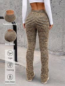Summer Vacation Outfits Women Black & Beige Striped Fuzzy Textured High Waist Flare Pants, Casual Going Out Bell Bottom Trousers For Beach, 4th Of July Streetwear - 棕色 - 查看 4