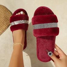 LANGRUIER New Solid Color Bohemian Crystal Embellished Open Toe Flat Slippers, Soft Sole Indoor Outdoor Versatile All Season Wear - Burgundy - View 9