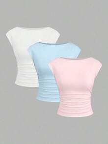 Set de 3 piezas de Top/camiseta de mujer ajustada, de manga corta, con espalda recortada, transpirable y que absorbe la humedad - Multicolor 17 - Ver 1