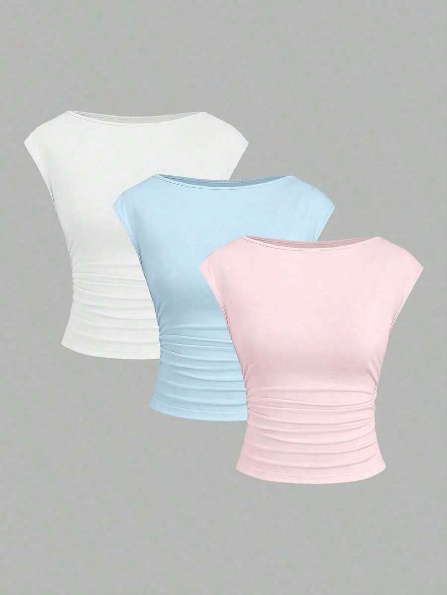 Set de 3 piezas de Top/camiseta de mujer ajustada, de manga corta, con espalda recortada, transpirable y que absorbe la humedad - Multicolor 17 - Ver 1