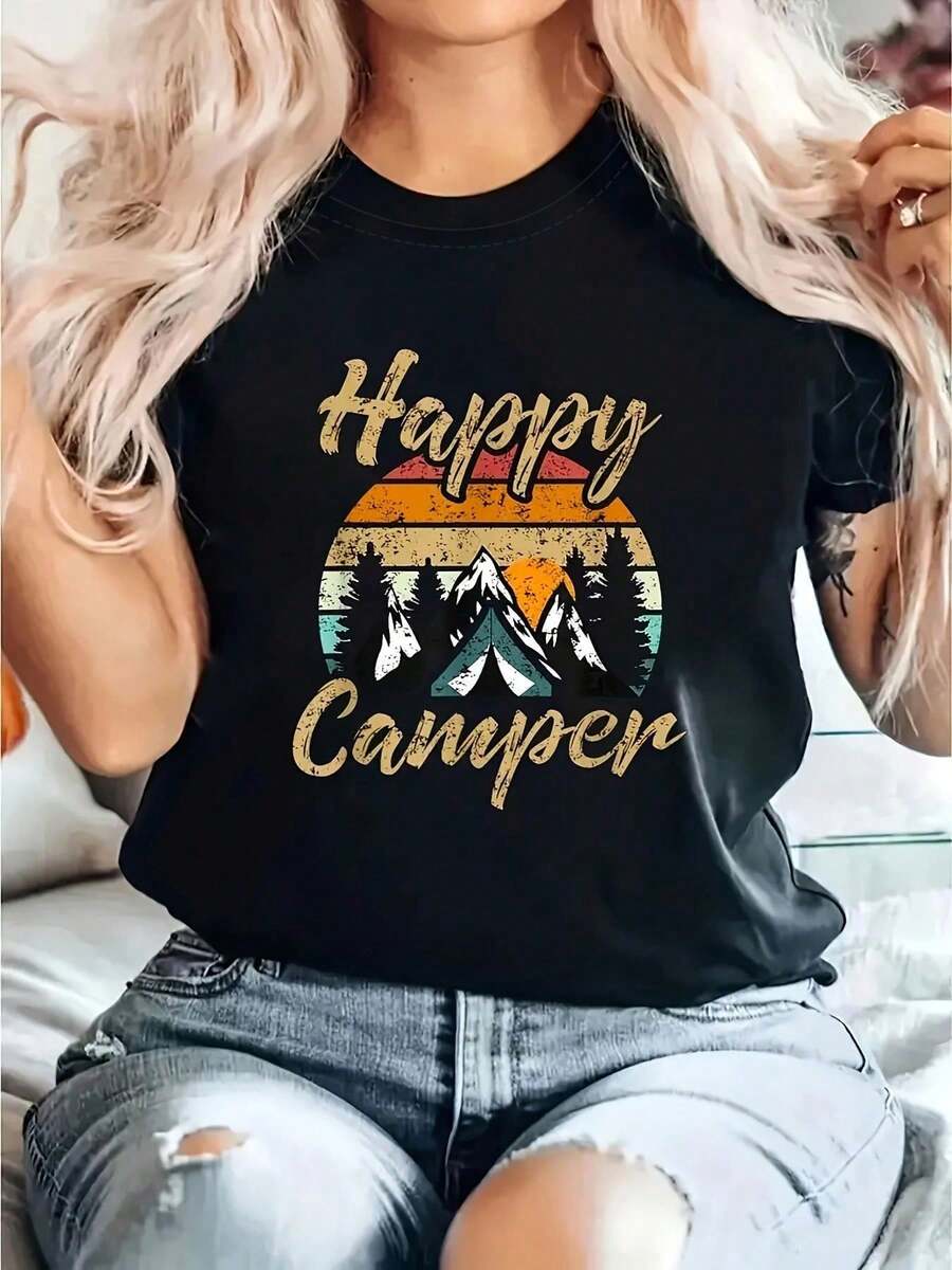 Happy Camper Women's T-Shirt With Vintage Outdoor Letter Print, Short Sleeves And Round Neck, Casual Top For Summer And Spring, Women's Clothing - 黑色 - 查看 1