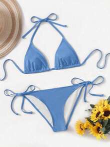 Women's Simple Solid Color Swim Bikini With A Halter Neck And Cutout, Suitable For Beach Vacations And Summer. - Blue 4 - View 3