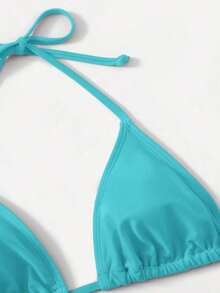 Women's Simple Solid Color Swim Bikini With A Halter Neck And Cutout, Suitable For Beach Vacations And Summer. - Mint Blue - View 4