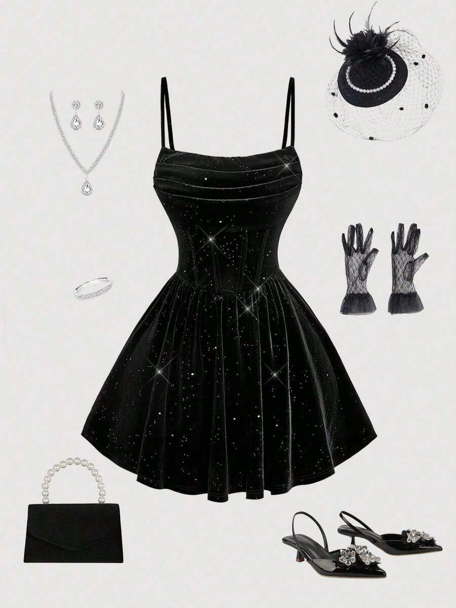 Elegante vestido de tirantes con fruncido en la cintura de color liso - Negro 2 - Ver 1