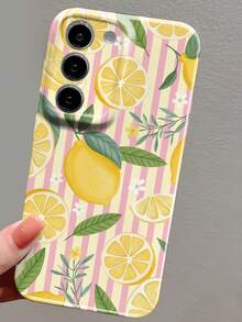 1pc Ins Style Fresh Lemon Flower Leaf Classic Striped Pattern Perforated Glossy Filmic Hard Phone Case, Suitable For IPhone 11/12/13/14/15/16 Pro Max - Multicolor - View 5