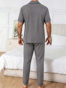 男士春夏格子印花翻领短袖睡衣套装，休闲舒适家居服 - 黑色 - 查看 2