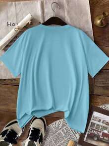 Y2K style,Fashionable styel,2026 newest,cute style,Causal style. Camiseta de punto ajustada de estilo casual y elegante, camiseta de mujer de manga corta con pequeño estampado180g(S-XXXL) - Azul - Ver 2